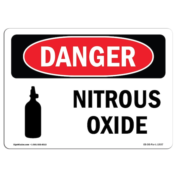 Safety Sign, OSHA Danger, 3.5" Height, 5" Width, Nitrous Oxide, Landscape, 10PK